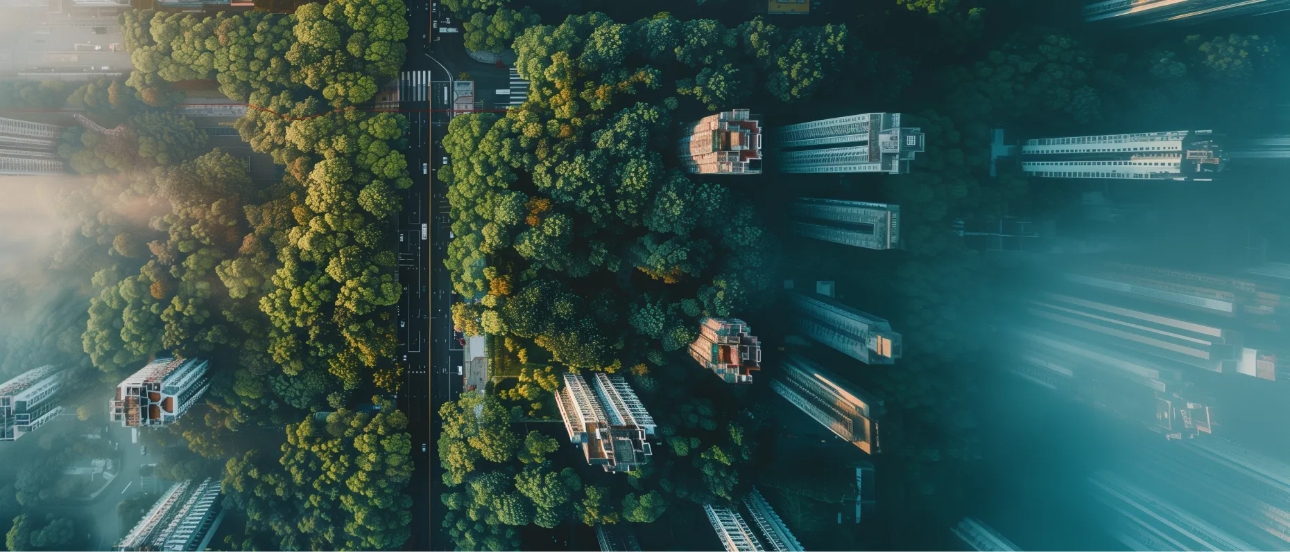 Aerial view of a city with green infrastructure