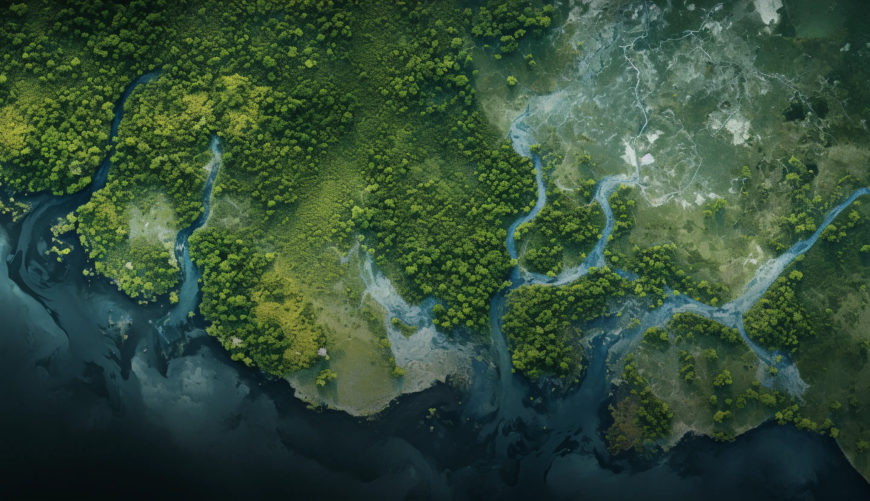 Aerial view of a forested river delta and watershed