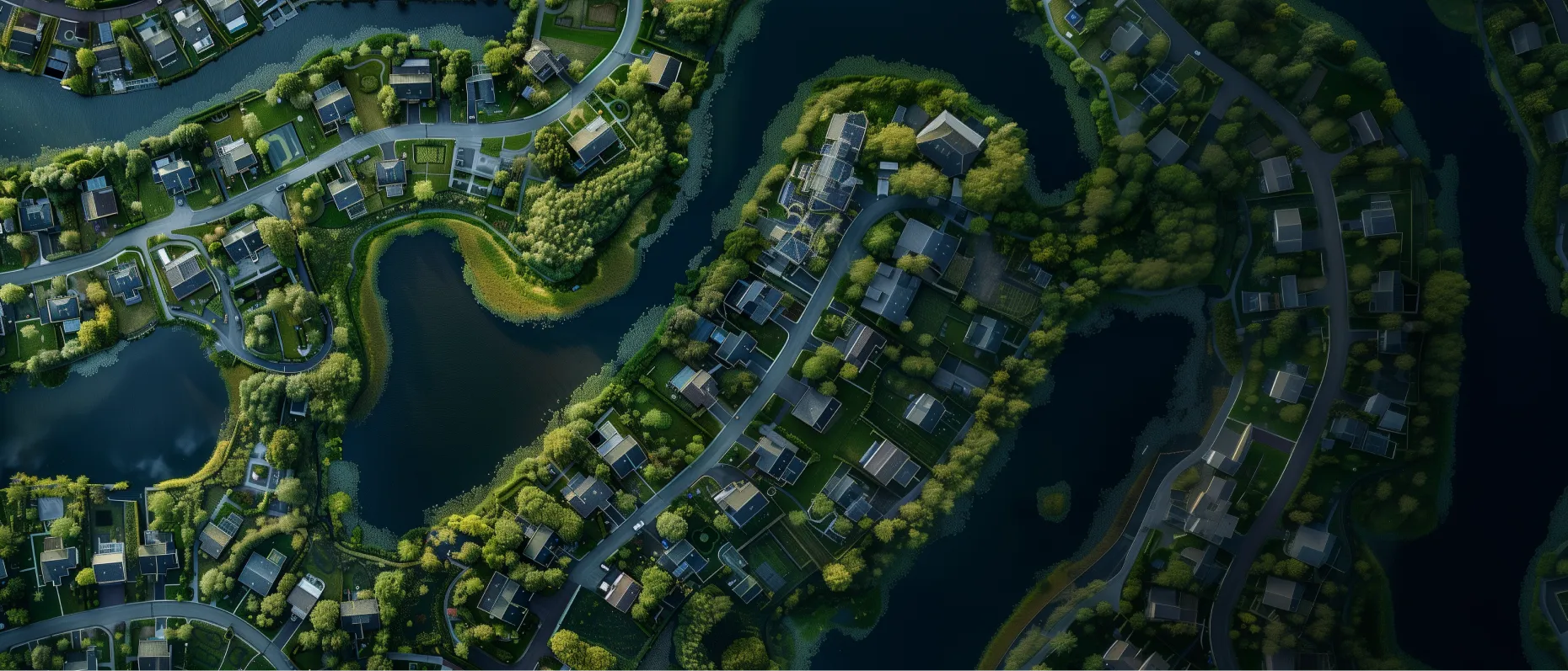 Aerial view of a suburban watershed and stormwater network