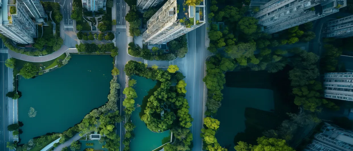 Aerial view of an urban waterway